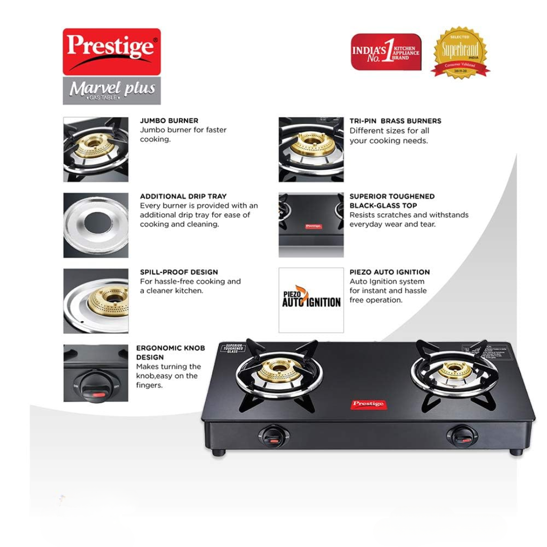 Prestige Marvel Plus Auto Ignition 2 Burner Glass top GTM 02 AI Black